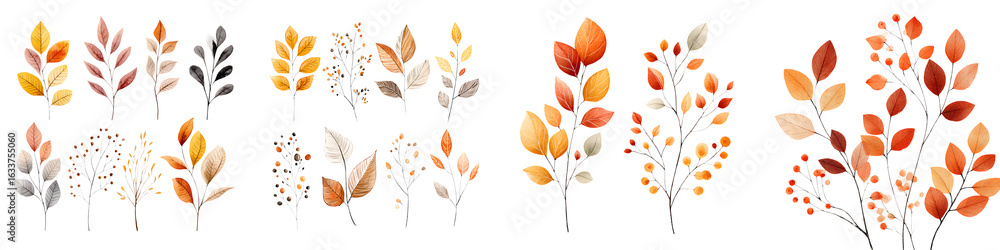 Obraz premium Autumn Leaves and Branches Watercolor Illustration on White Background