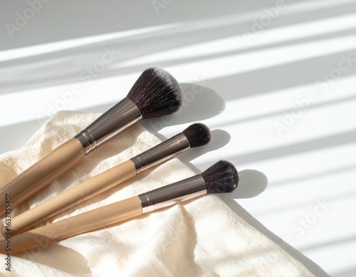 Three Makeup Brushes Resting Elegantly On Soft Beige Fabric With Sunlight Creating Light And Shadow Play