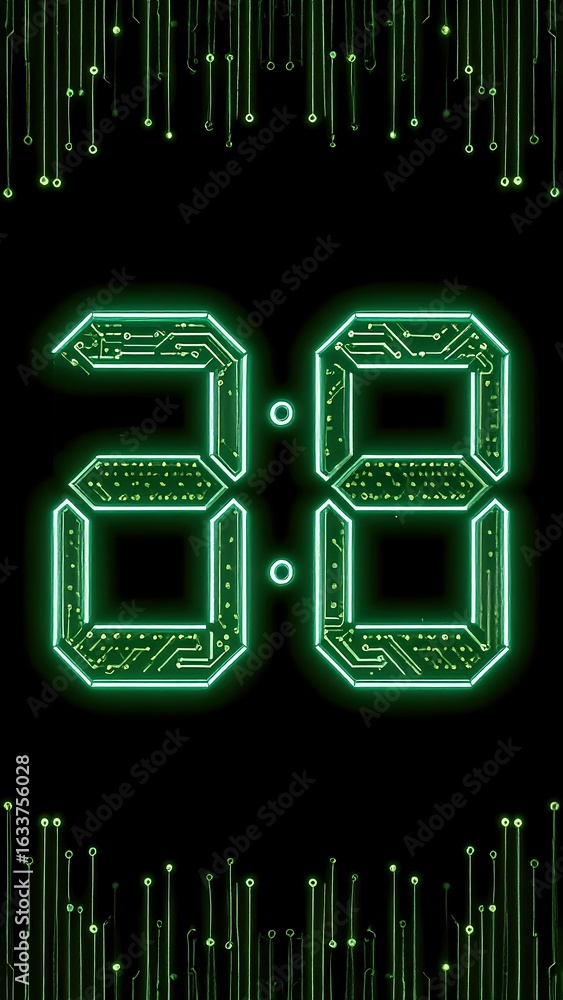 Obraz premium Green digital clock displaying 208, circuit board design