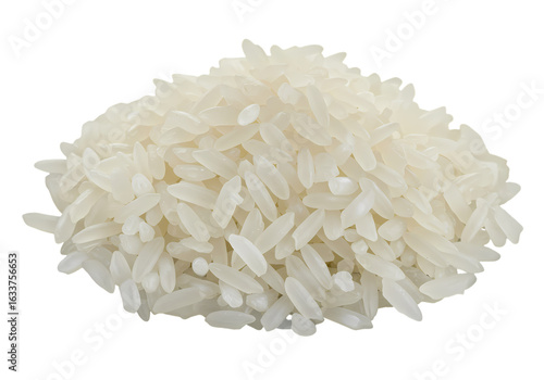Uncooked White Rice Grains: Close-up Texture and Culinary Uses on white background