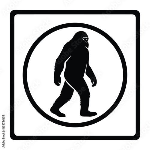 Iconic bigfoot walking silhouette inside a circle and square frame