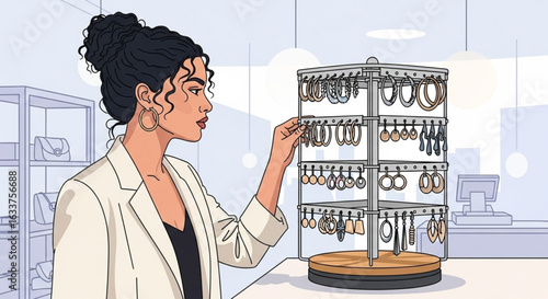 Woman browsing diverse earrings on a rotating display stand in a jewelry store.