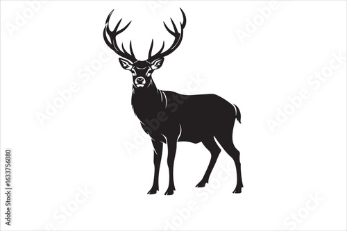Vector art of majestic stag with large antlers standing proudly, isolated on white background