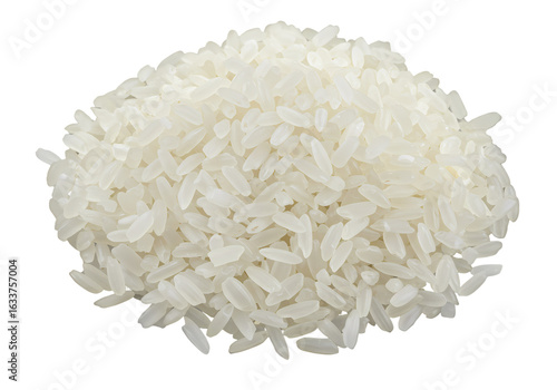 Close-up of Uncooked White Rice Grains: Perfect for Recipes and Food Blogs on white background
