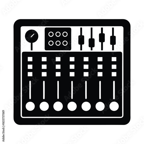 Black silhouette icon of an audio mixer with faders and knobs