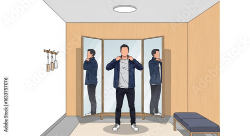 A man trying on clothes in a fitting room.