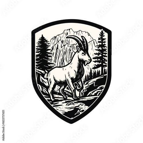 Adventure logo featuring a white alpine ibex (mountain goat) on rugged rocks with pine trees and sharp mountains. Shield design in bold flat colors with wildgoat energy and natural strength.