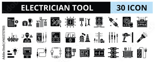 30 Electrician Tool Glyph Icons Vector - Electric Appliance, Spare Part, Power Switch, Voltmeter, Cable, Generator