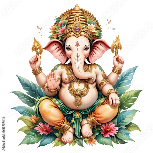 Vibrant Illustration of Lord Ganesha with Traditional Ornaments and Floral Accents in a Spiritual Setting