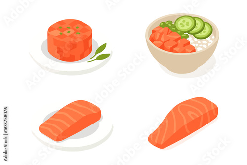 Isometric salmon menu icons set. Fresh salmon steak, fillet, raw tartare, poke bowl. Japanese cuisine seafood dishes, sushi, sashimi, gourmet meal, restaurant food, healthy omega 3 fish vector