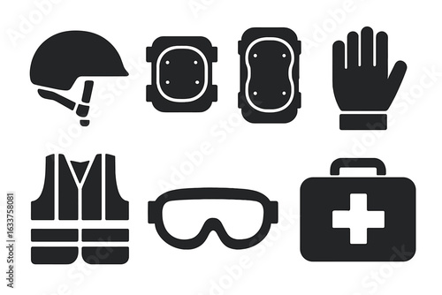 Safety equipment icons collection. Solid vector set of protective gear including helmet, knee pads, elbow pads, work gloves, safety vest, goggles, and first aid kit. Personal protection illustration.