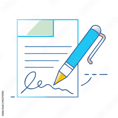Signing a document with a blue pen on a white background