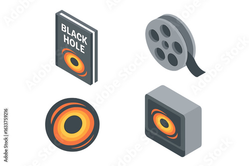 Isometric Science Fiction Black Hole Icon Set, Vector Illustration. Includes Book Cover, Movie Reel, TV Screen, Pop Culture Symbol. Sci-Fi Media, Astronomy Concept, Pop Culture Elements