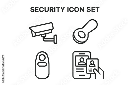 Security Icon Set. Outline Vector Symbols of Surveillance Camera, Electronic Security Tag Remover, Remote Access Control, ID Badge Scanner. Safety Equipment, Asset Protection, Shoplifting Prevention.