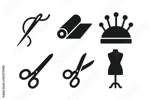 Sewing tools vector icons set. Silhouette symbols of needle and thread, fabric bolt roll, pin cushion, dressmaker mannequin, tailors scissors. Tailoring, garment making, fashion design clipart