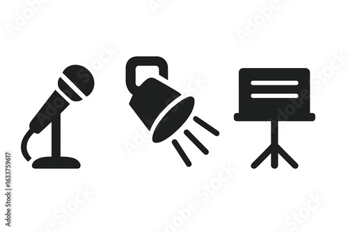 Singing performance stage icons set. Solid filled vector illustration of music stage elements including microphone, spotlight, and music stand. Singer tools collection for concert or show design.