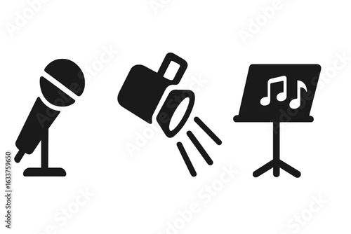 Music Performance Icon Set. Solid Microphone, Stage Spotlight, Music Stand with Notes. Vector Illustration for Singing, Concert, Talent Show, Entertainment, Event, Vocal Performance, Musicians.