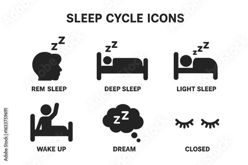Sleep cycle icon set. REM sleep, deep sleep, light sleep, dream cloud, wake up, closed eyes. Solid, filled vector symbols for sleep stages, bedtime, dreaming, insomnia, night routine, health care.