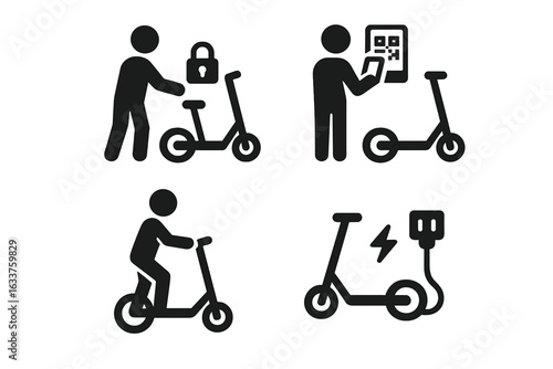Smart mobility icons set. Electric scooter rental unlocking, QR code scan, urban ride, charging illustrations. Eco transportation, shared e-scooter mobility, city commute, app-based vehicle access