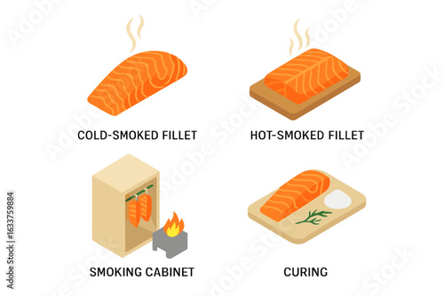 Isometric Vector Icons Set of Smoked Salmon Preparation Methods. Cold-Smoked Fillet, Hot-Smoked Fillet, Smoking Cabinet, and Curing Process. Food Preservation, Seafood Cooking, Culinary Techniques
