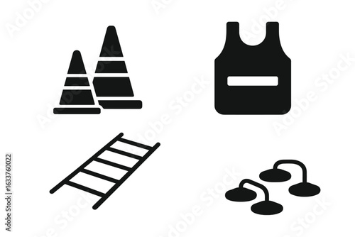 Soccer training equipment solid icons set. Vector illustration of agility cones, training bib, speed agility ladder, dome markers. Soccer drills elements, coaching tools. Black isolations on white.