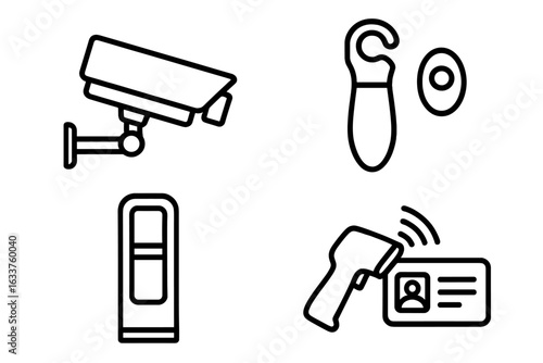 Security and Loss Prevention Outline Icon Set. Surveillance Camera, Security Tag Remover, Anti-Theft Sensor, Badge Scanner Vector. Retail Store Theft Protection, Access Control, Shop Security Symbols