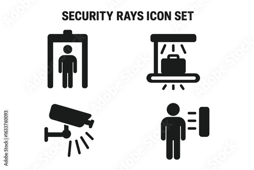 Security sensor rays icon set. Solid filled vector icons of metal detector gate, X-ray baggage scanner, infrared body scan, surveillance camera. Airport, border, building security, screening, safety.