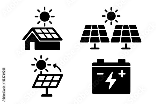 Solar power energy icons set. Black solid vector illustration of rooftop solar panels, solar farm, sun tracking system, battery energy storage. Renewable energy, clean electricity production concept.