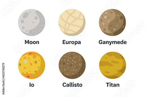 Solar System Moons Vector Icon Set. Major Natural Satellites Illustration. Isometric Flat Moons of Jupiter and Saturn: Moon, Europa, Ganymede, Callisto, Io, Titan. Astronomy Space Clipart