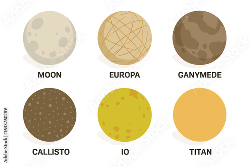 Solar System Major Moons Vector Set. Isometric Flat Illustration Grid of Largest Satellites: Moon, Europa, Ganymede, Callisto, Io, Titan. Space Education, Astronomy, Science Concept Art