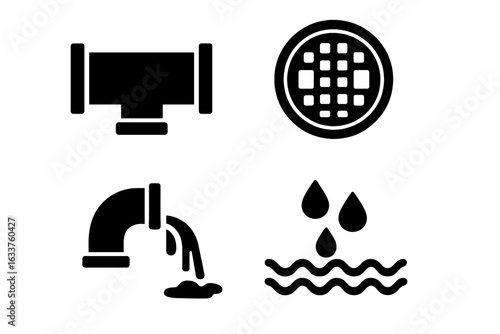 Sewer system icon set. Solid black vector symbols. Wastewater pipe, drainage, main sewer conduit, manhole cover, drainage plumbing, water drops. Urban infrastructure, sanitation, plumbing elements