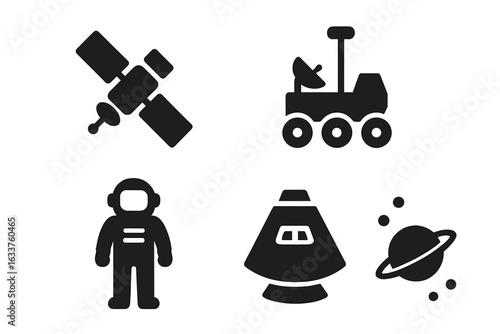 Space Mission Icon Set. Solid Filled Vector Collection Featuring Satellite, Mars Rover, Astronaut, Space Capsule, Planet With Rings. Space Exploration, Astronomy, Outer Space Technology Concepts