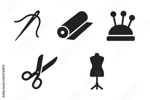 Sewing tools icons set. Vector silhouette illustrations of needle and thread, fabric roll, pin cushion, scissors, dressmaker mannequin. Tailor equipment, fashion design, dressmaking symbols.