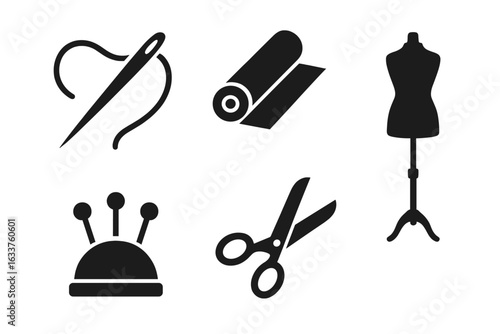 Sewing tools icons set. Solid silhouette needle and thread, fabric roll, dressmaker mannequin, pin cushion, scissors. Tailor supplies, haberdashery, fashion design, garment making vector illustration