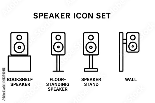 Speaker icon set. Outline vector icons of audio speaker placement solutions including bookshelf speaker, floor-standing speaker, speaker stand, and wall mount. Sound system equipment symbols.