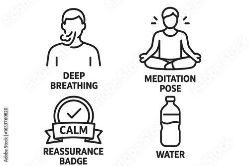 Speaking Anxiety Management Icons Set. Outline Emotions Relief Symbols: Deep Breathing, Meditation Pose, Calm Reassurance Badge, Water Bottle for Stress Reduction. Mental Health Concept Vector
