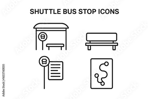 Shuttle bus stop icons set. Outline vector illustration of shuttle bus shelter, bench, stop sign, timetable board, route map. Urban transport symbols, city station elements for navigation, signage