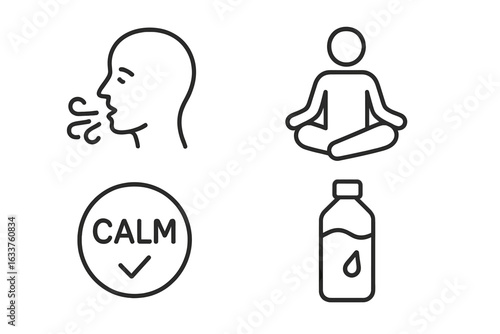 Speaking Anxiety Management Vector Icons Set. Outline Style Breath Control, Meditation Pose, Calm Assurance Badge, Hydration Symbol. Stress Relief, Mental Health, Relaxation Techniques Concept Art