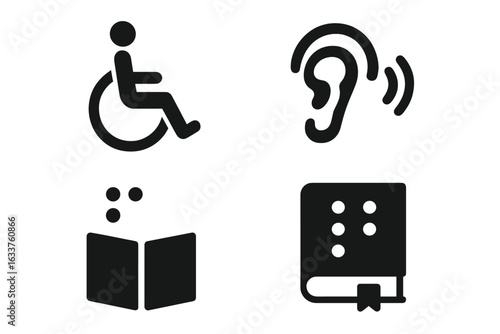 Accessibility icons vector set for special needs support, wheelchair user, hearing impairment, Braille literacy, disability rights, inclusive classroom, assistive technology, education tools