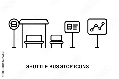 Shuttle bus stop icons set. Outline vector illustration of shuttle bus station with shelter, benches, timetable sign, information board, bus route map. Urban public transport stop symbols collection.