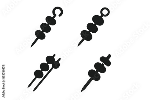 Skewer icon set. Solid filled vector illustration of skewers with various styles: bamboo stick, metal skewer, double prong, flat skewer. Food BBQ grill party symbols, black silhouette icons.