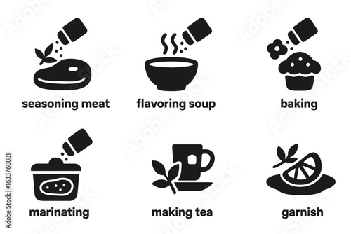 Cooking Spice Icon Set. Solid Black Filled Vector Illustrations for Seasoning Meat, Flavoring Soup, Baking, Marinating, Making Tea, Garnish. Culinary Herb and Spice Ingredient Food Process Symbols