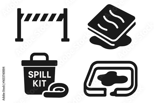 Spill containment solid icon set. Vector barrier tape, absorbent pad, spill kit container, containment berm, hazardous material leak safety equipment. Industrial workplace safety symbols.