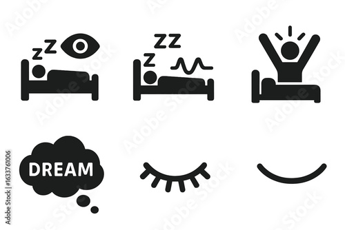 Sleep cycle stages vector icons. Solid filled pictograms set showing REM sleep, deep sleep, light sleep, dreaming, waking up, sleep cloud, closed eyes, relaxation, rest phases. Modern illustration