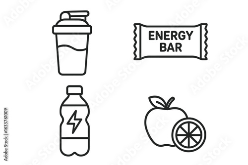 Sports nutrition icons set. Outline vector collection of protein shaker, energy bar, electrolyte drink bottle, fruit snack, hydration, healthy food, dietary supplements, workout essentials