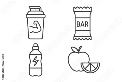 Sports Nutrition Outline Icon Set. Protein Shake, Energy Bar, Electrolyte Drink, Apple, Orange Slice. Healthy Food, Diet, Fitness, Gym, Hydration, Energy Snack, Isolated Vector Illustration