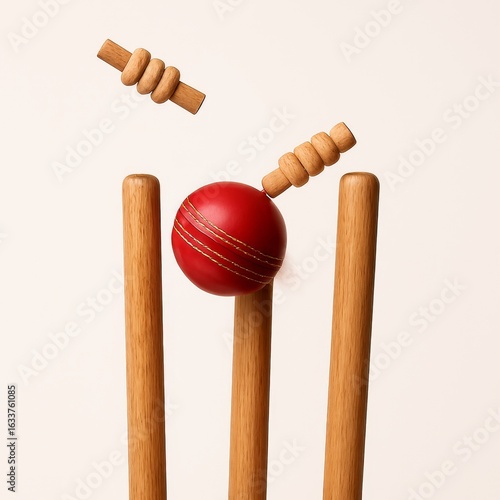 Dynamic cricket action red ball strikes wickets, bails airborne.