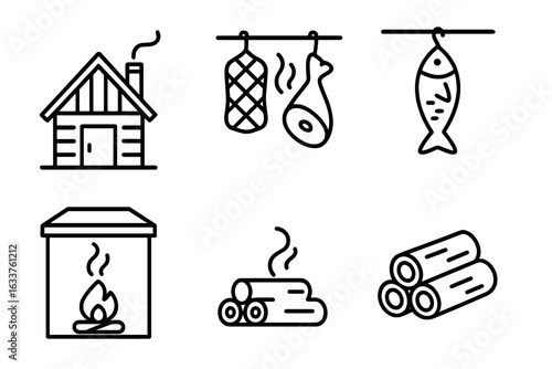 Smoking Process Icons Set. Outline Vector Collection of Smokehouse Cabin, Firewood Logs, Meat Smoking, Hanging Fish, Fireplace Chamber, Smoked Meat and Fish. Traditional Food Preservation Symbols