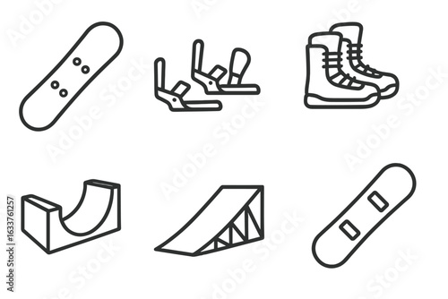 Snowboarding icons set. Outline vector snowboarding gear and equipment collection. Snowboard, bindings, snowboard boots, halfpipe ramp, snowpark jump. Winter sports equipment illustration.