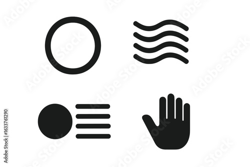 Stamp cancellation vector icon set. Solid filled symbols: circular postmark, wavy lines, machine cancel mark, hand cancel. Postal envelope stamp cancel illustrations. Graphic resource isolated.